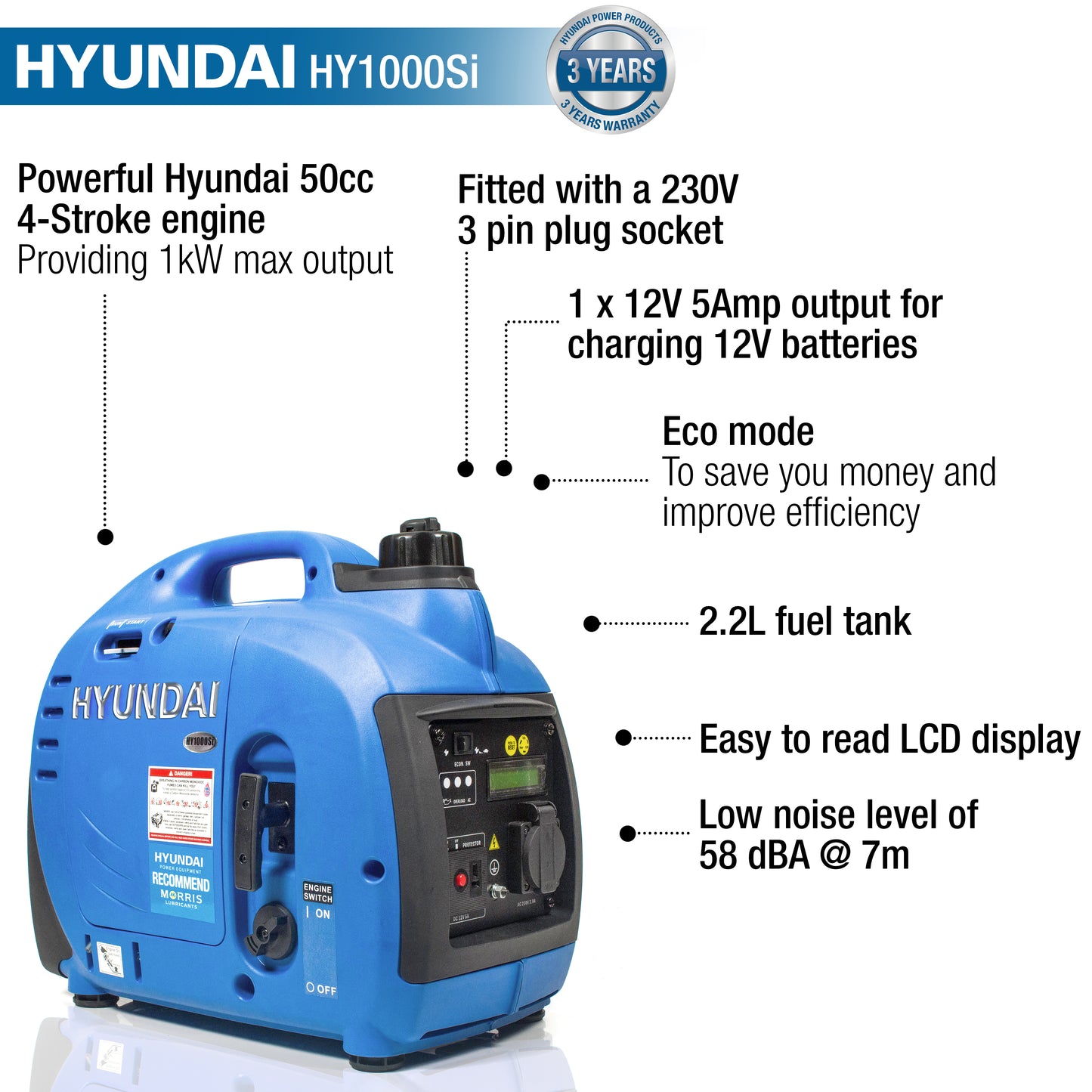 Hyundai HY1000SI Petrol Inverter Generator 1000W home back up power cut